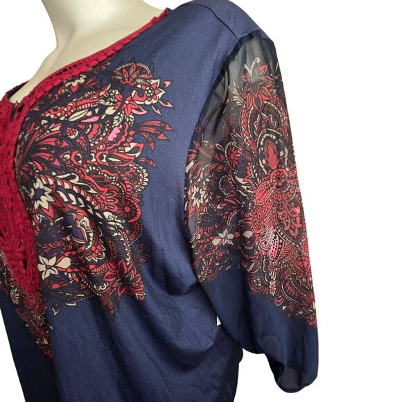 Catherines 3X 26/28W Womens Top Boho Style Keyhole Neckline Navy Red JJ4044 - Picture 8 of 12